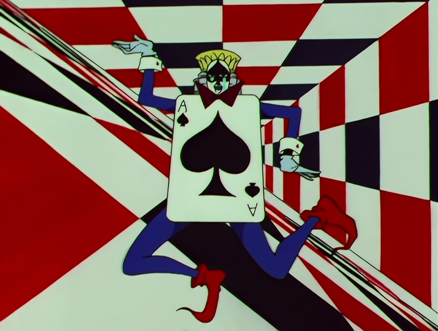 Shuffle Furuo, a Lemures from Sailor Moon episode 147. He’s dressed like a king from a playing card, and his face is painted white but with a large black spade symbol that covers most of it. His sleeves and pants are blue, but most of his body is covered with a giant playing card which he’s wearing like a signboard. Oddly, it’s the ace of spades despite him being a king. Or possibly a jack, I guess. He’s posing in a physically unlikely way against an abstract background of black, white and red.